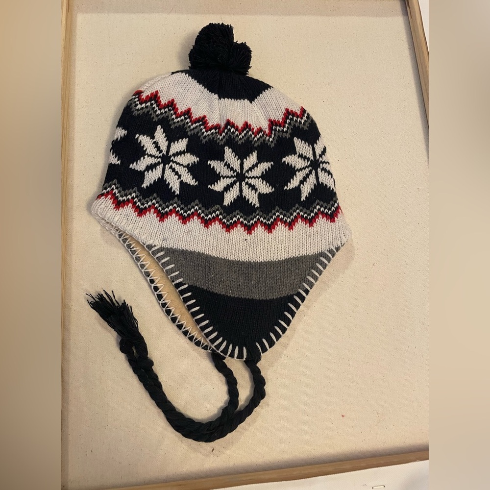 Kids Winter Knit Hat with Snowflake Fleece Lined Winter Trapper Hat Blue